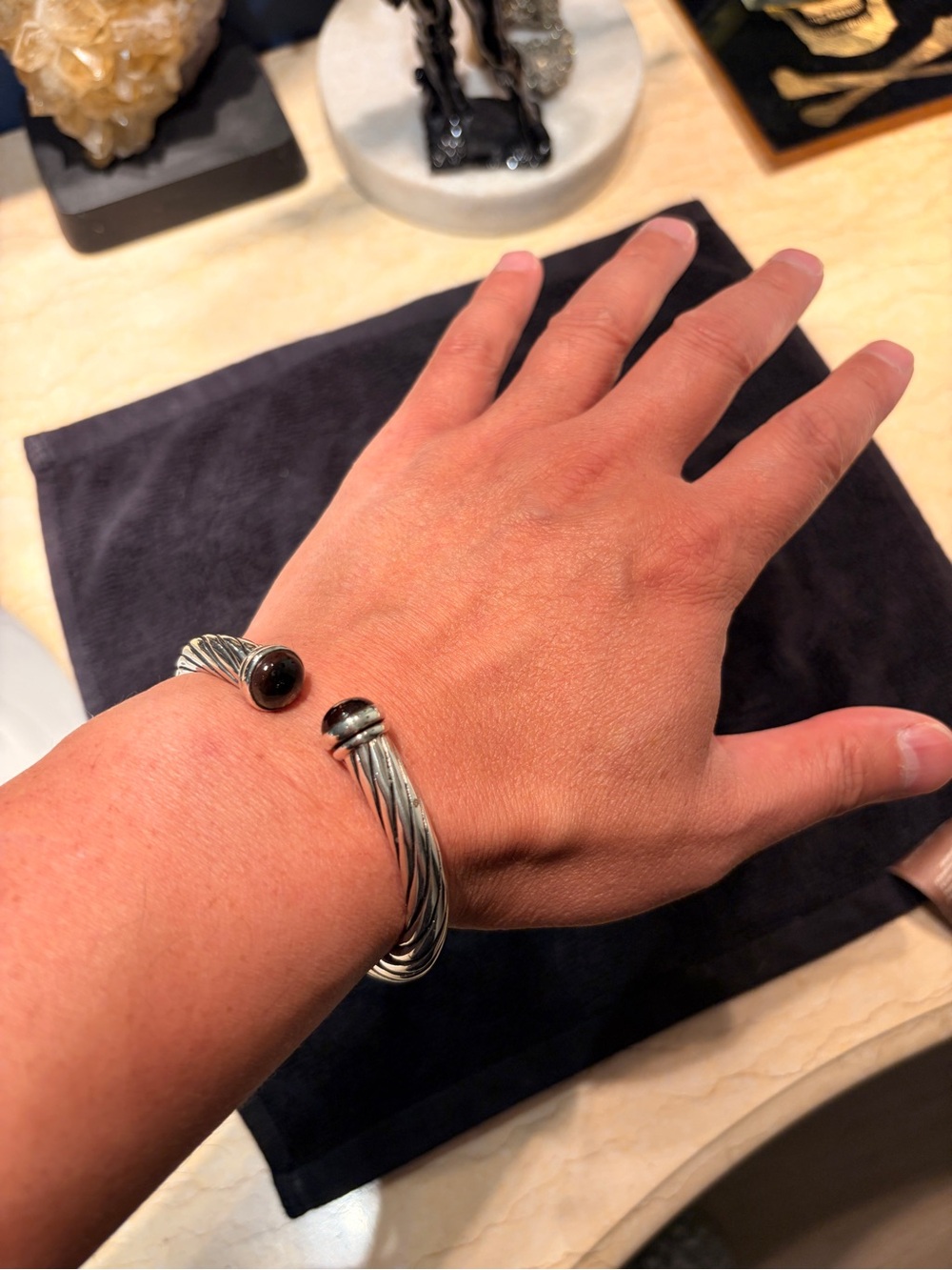 925 Silver Cable Cuff Bracelet with Smoky Quartz. - Picture 10 of 11
